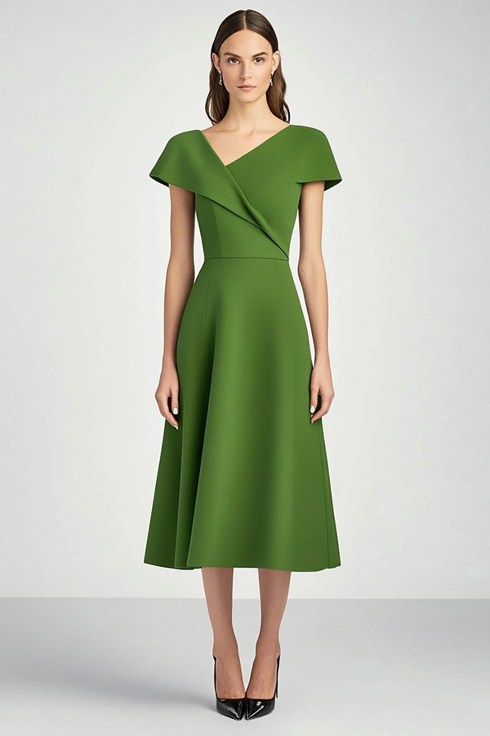 Green Satin A Line Asymmetrical Neck Midi Work Dress with Sleeves