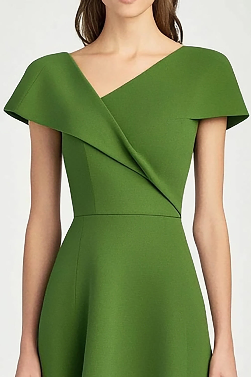 Green Satin A Line Asymmetrical Neck Midi Work Dress with Sleeves