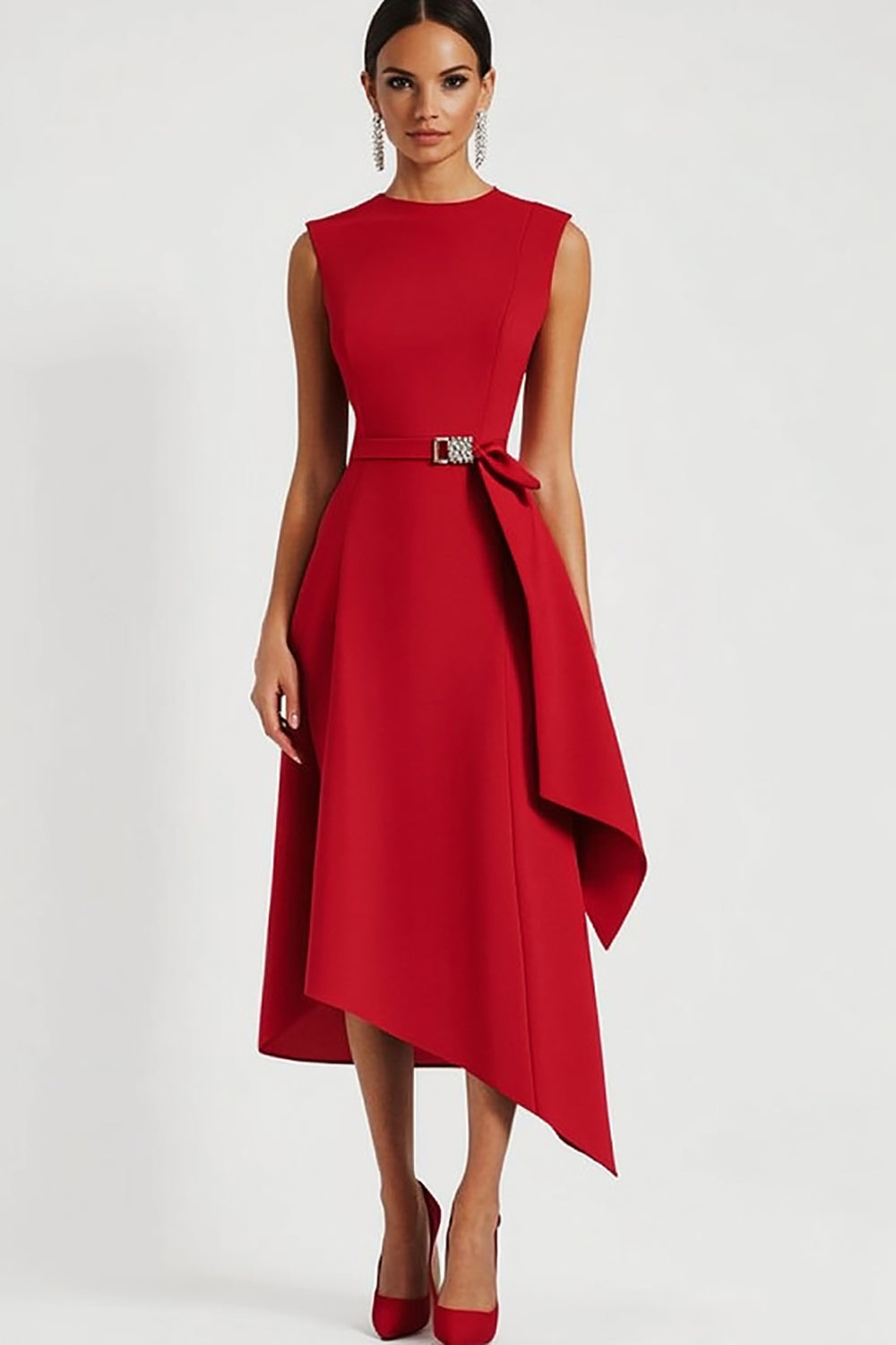 Red A Line Satin Jewel Neck Midi Work Dress with Ruffles