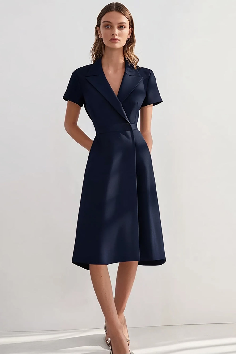 Navy Peak Lapel A Line Midi Work Blazer Dress with Sleeves