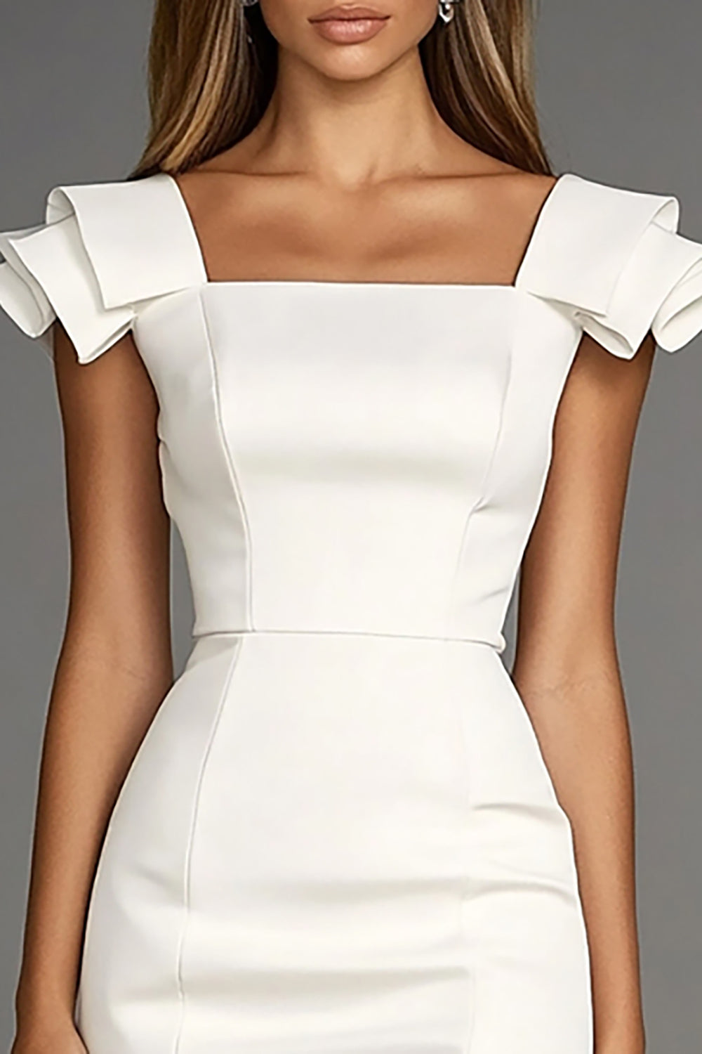Ivory Satin Bodycon Square Neck Short Work Dress