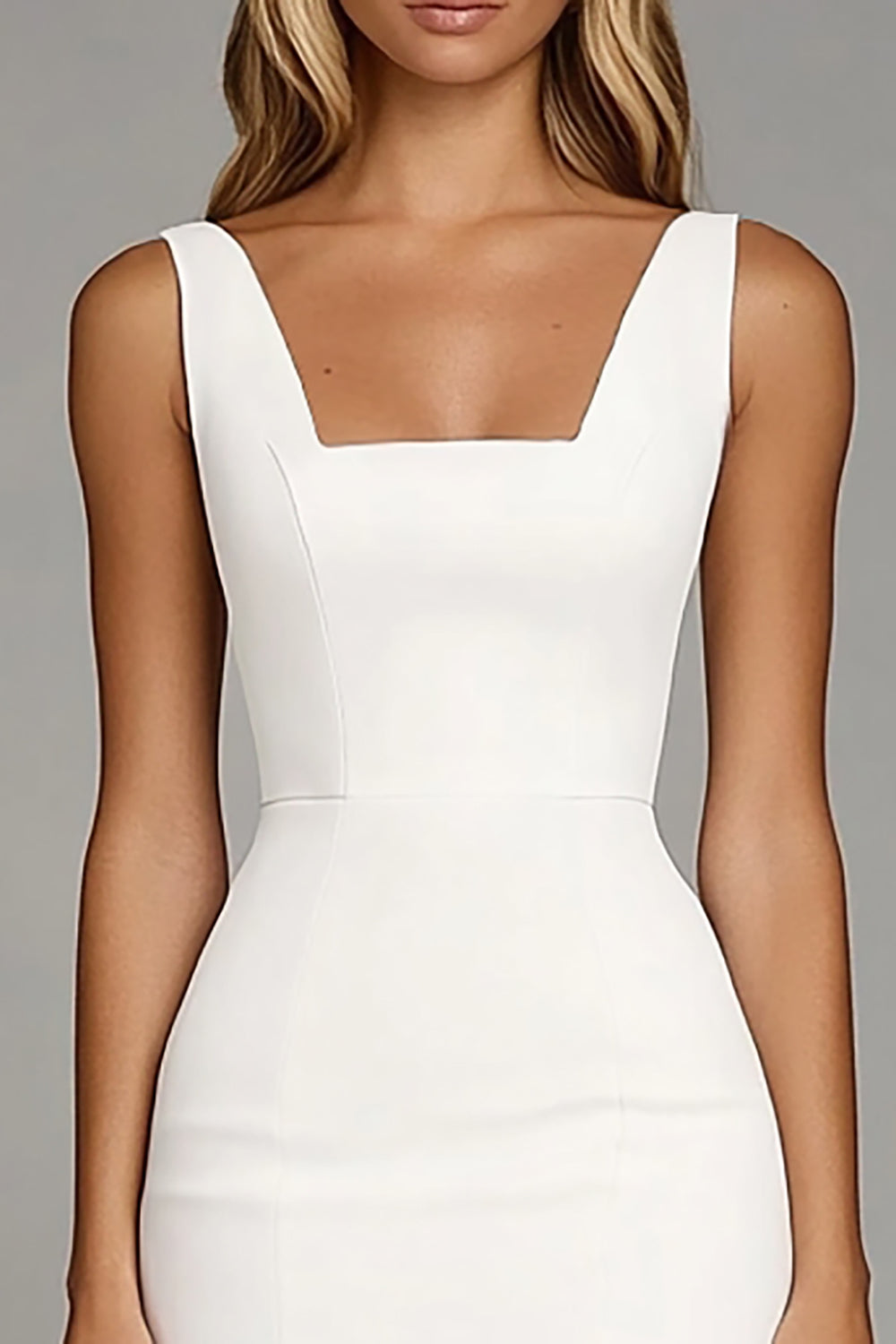 Ivory Bodycon Satin Sqaure Neck Ruffled Short Work Dress