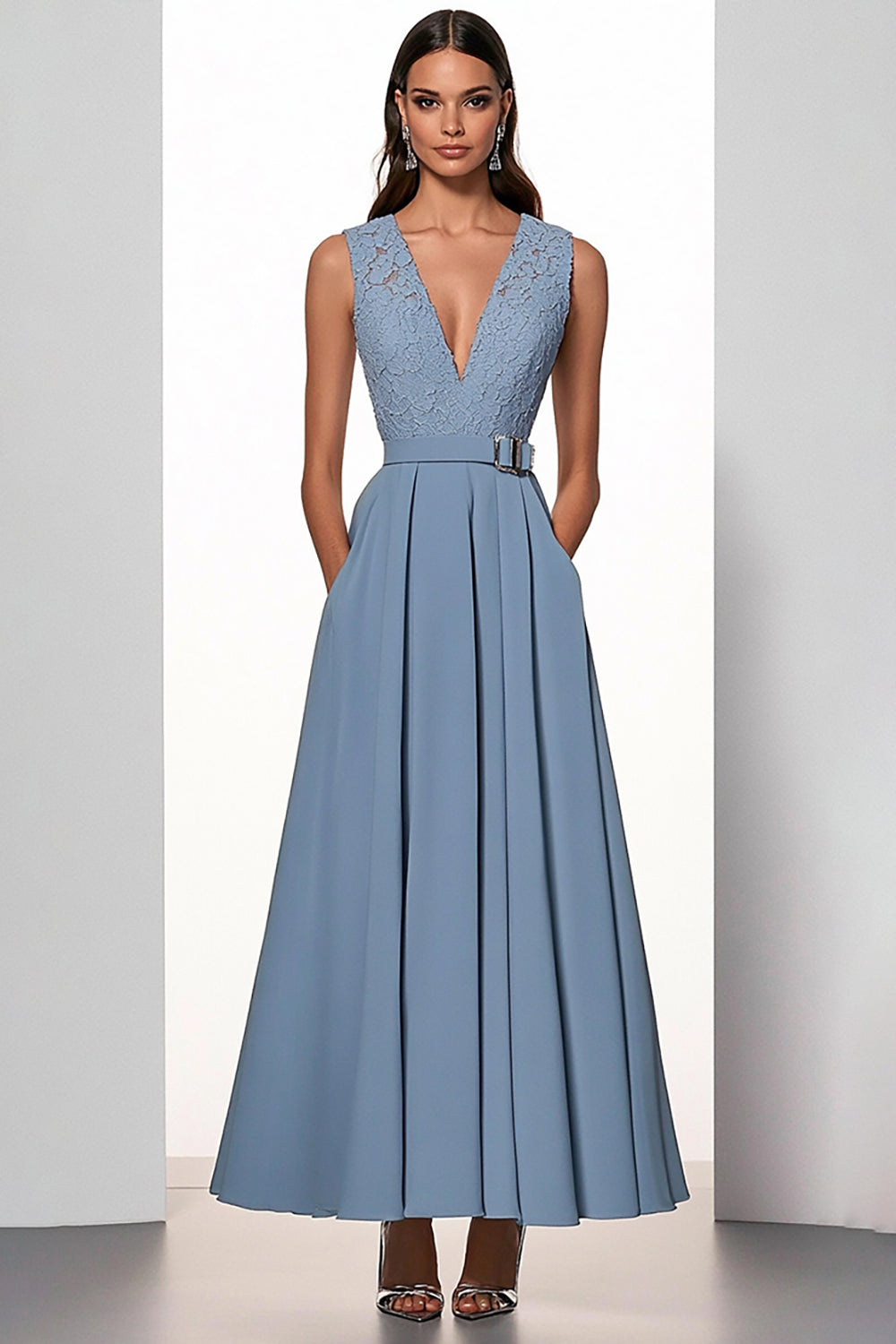 Grey Blue A Line Satin V-Neck Long Work Dress with Pockets