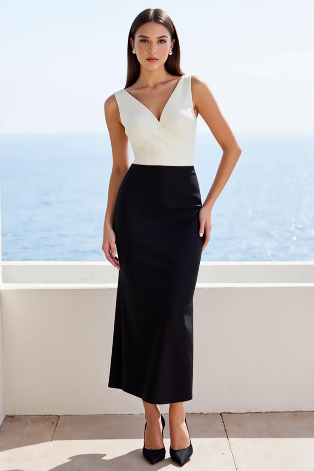 Black and White Mermaid Satin V-Neck Long Work Dress