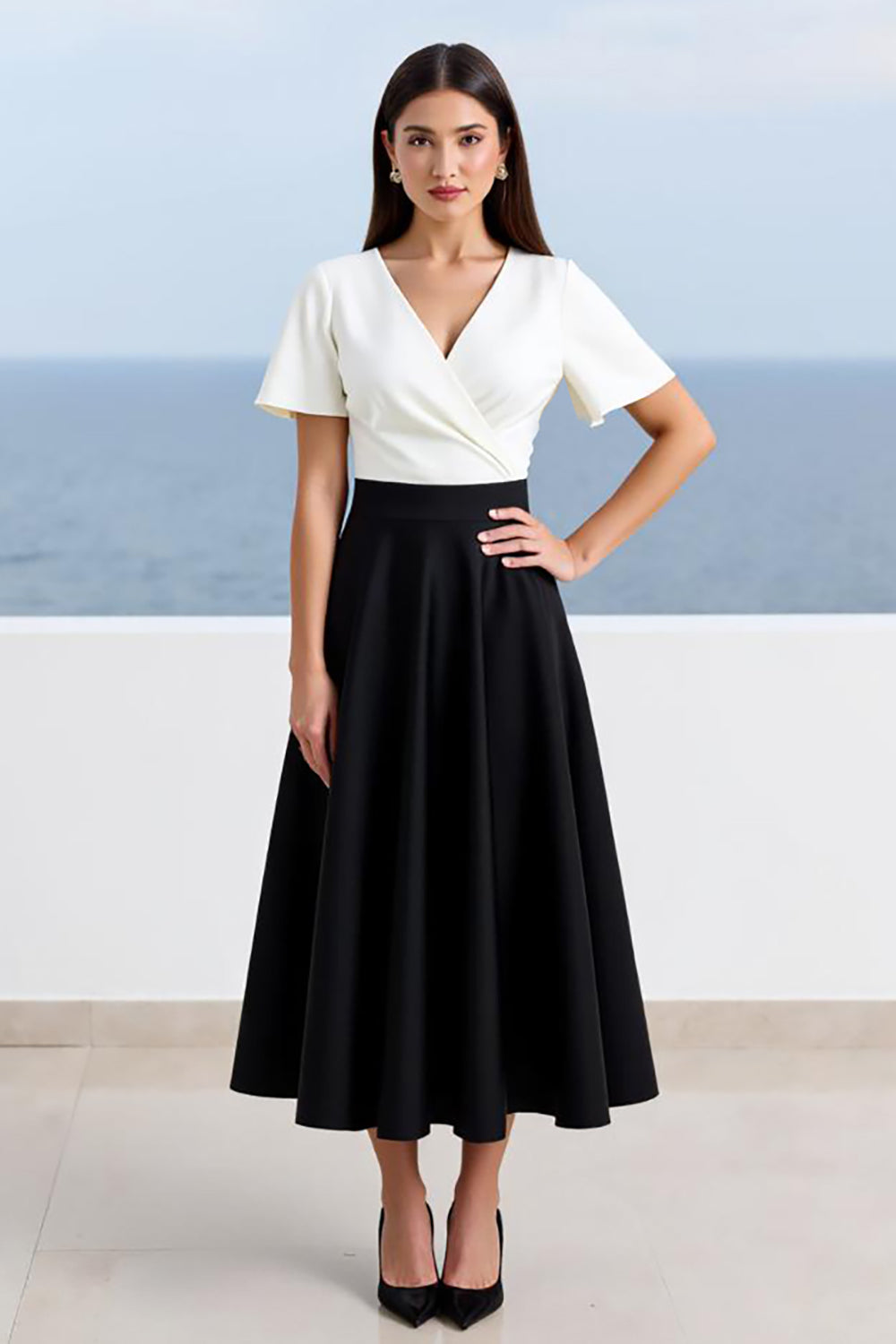 Black and White A Line V-Neck Long Work Dress