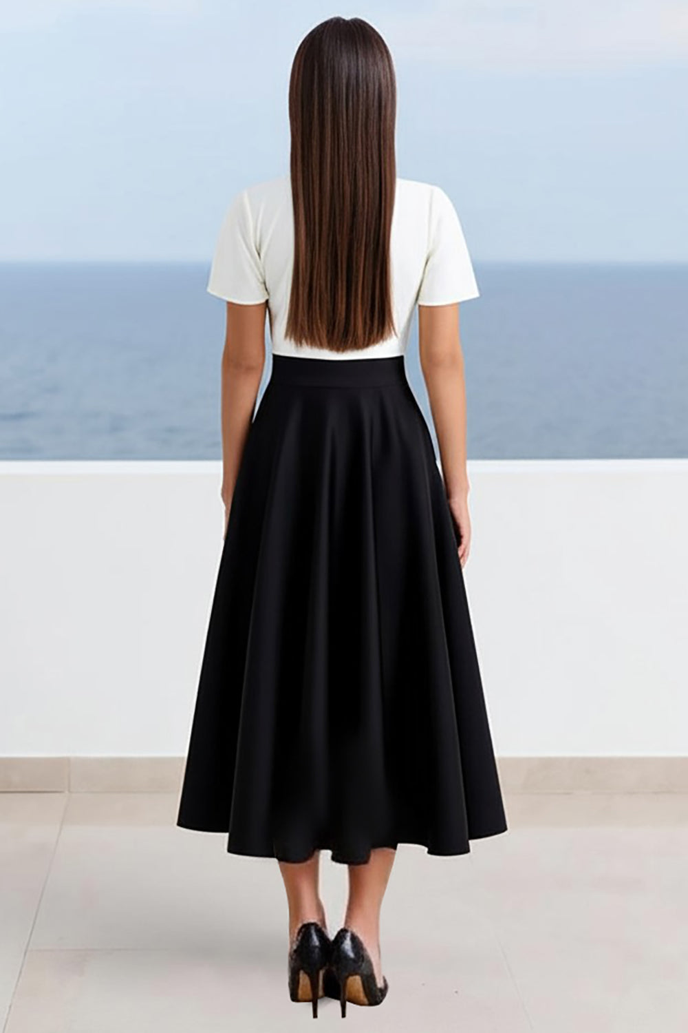 Black and White A Line V-Neck Long Work Dress