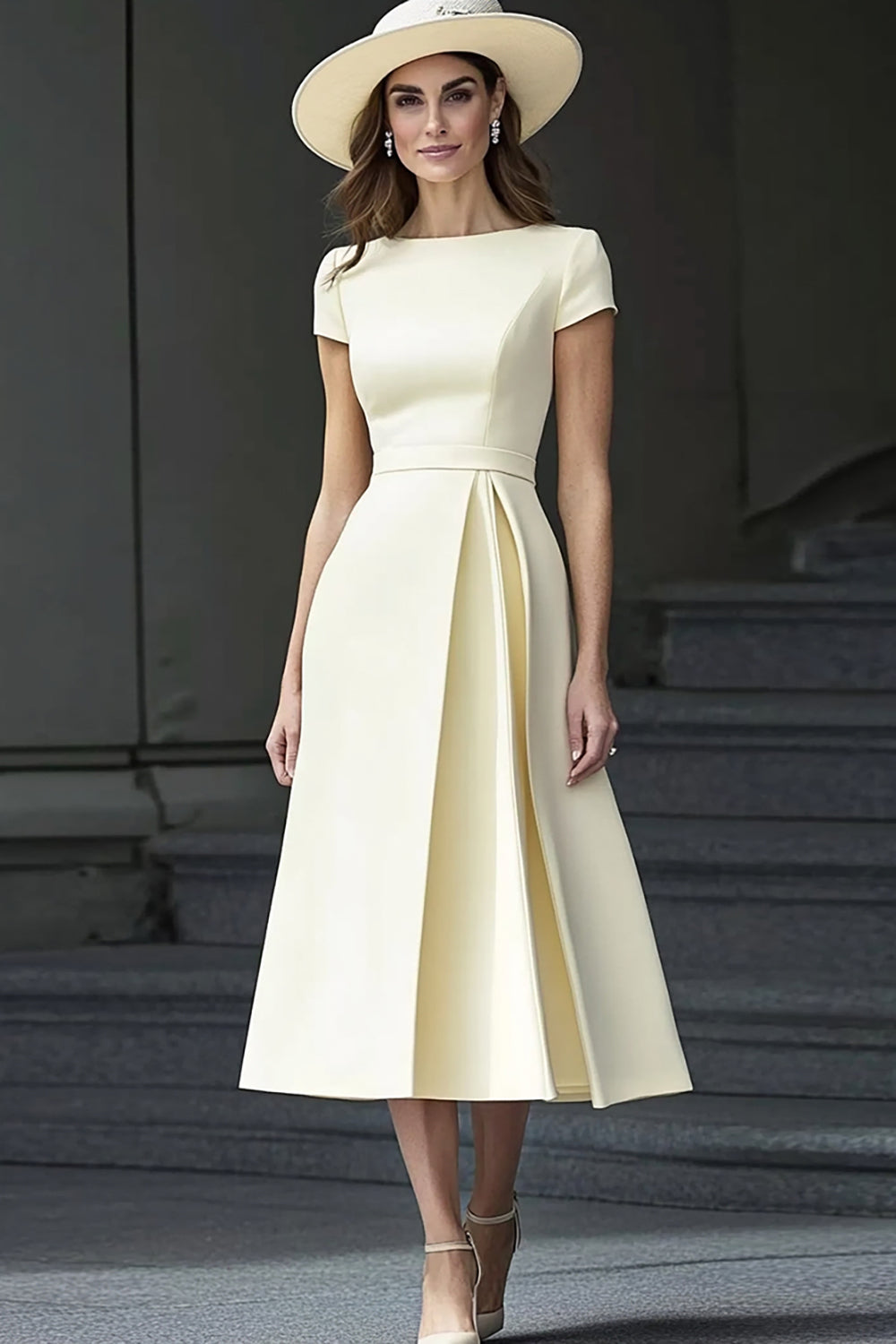 Daffodil Satin A Line Bateau Neck Midi Work Dress