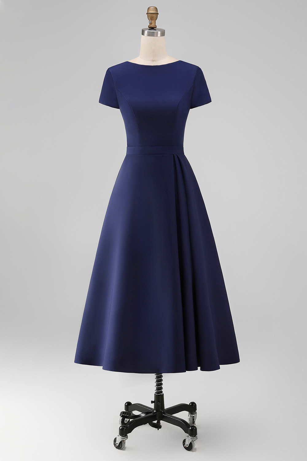 Daffodil Satin A Line Bateau Neck Midi Work Dress with Sleeves