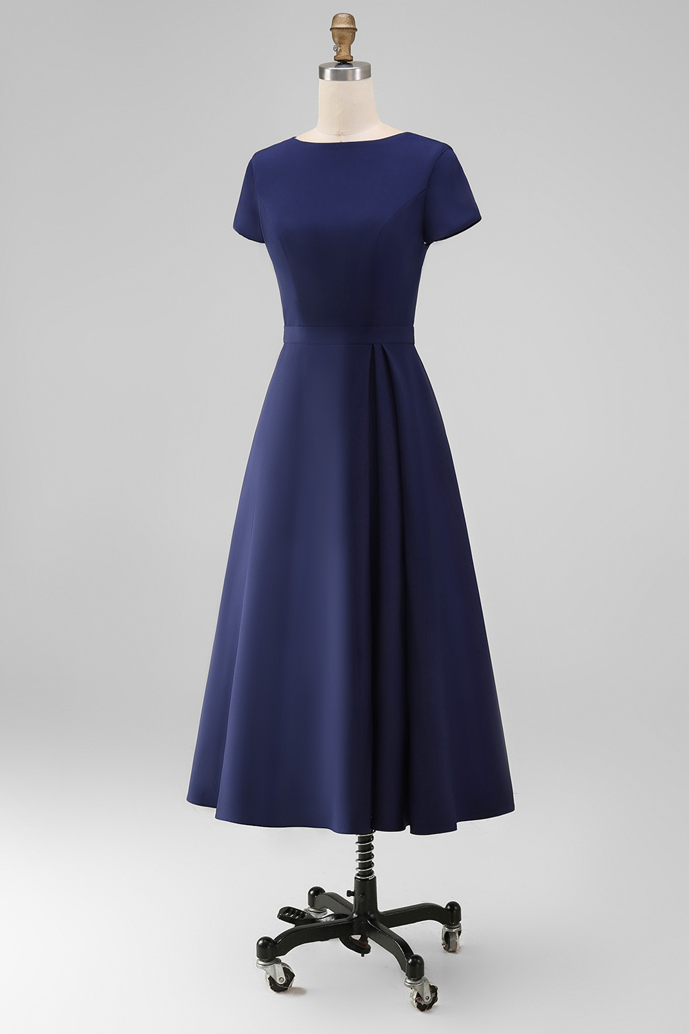 Daffodil Satin A Line Bateau Neck Midi Work Dress with Sleeves