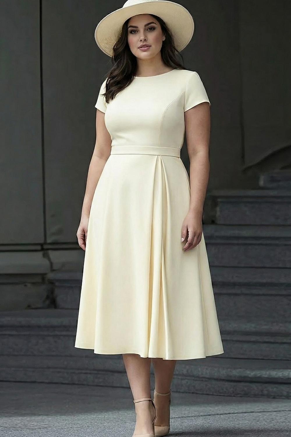 Daffodil Satin A Line Bateau Neck Midi Work Dress