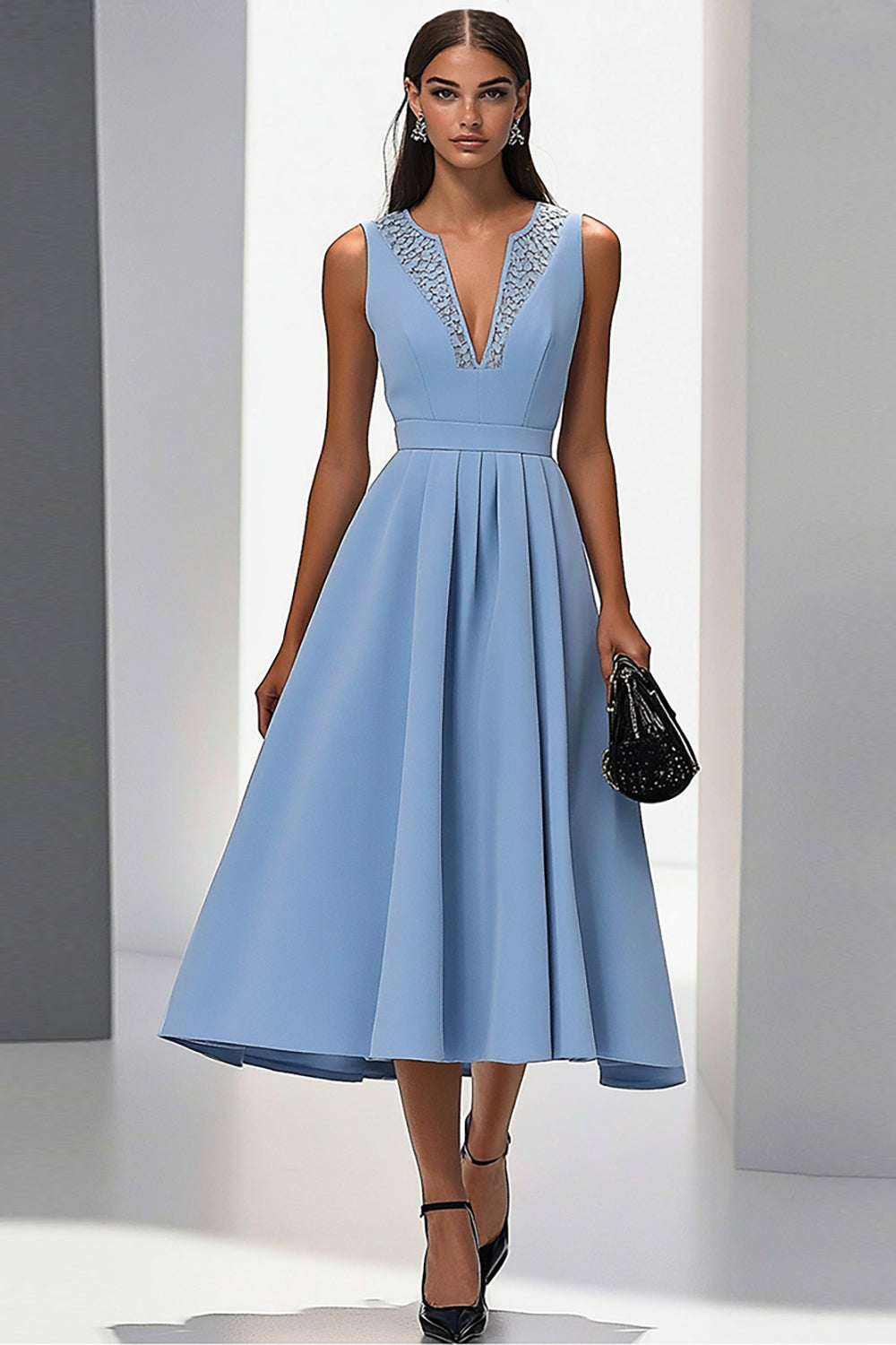 Grey Blue A Line Sleeveless Midi Work Dress with Beading