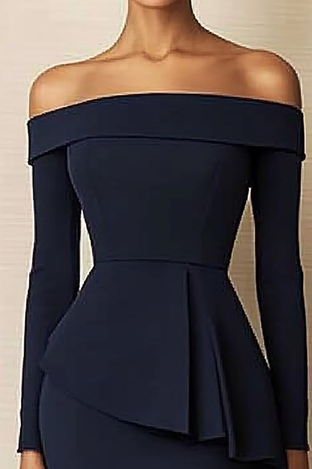 Navy Satin Off the Shoulder Bodycon Long Sleeves Work Dress