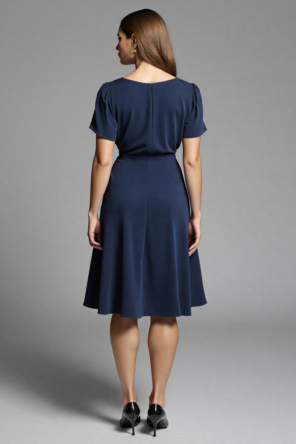 Navy Satin A Line Ruched Midi Work Dress with Short Sleeves