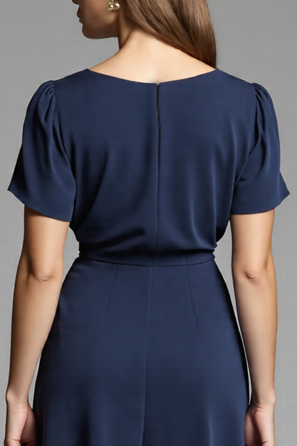 Navy Satin A Line Ruched Midi Work Dress with Short Sleeves