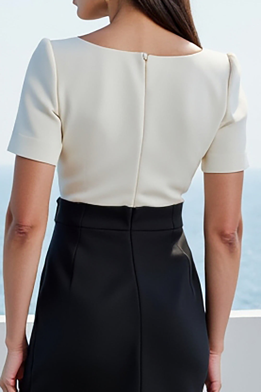 Black and White Bodycon Square Neck Midi Work Dress with Sleeves