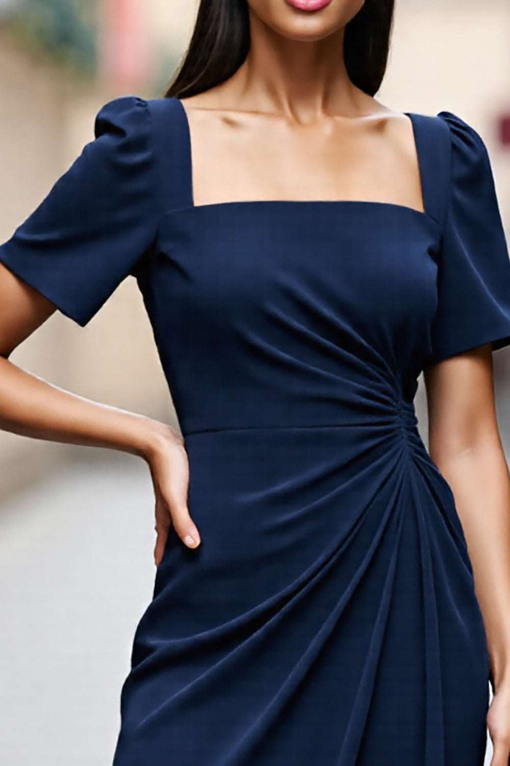 Navy Satin Bodycon Square Neck Ruched Midi Work Dress with Sleeves