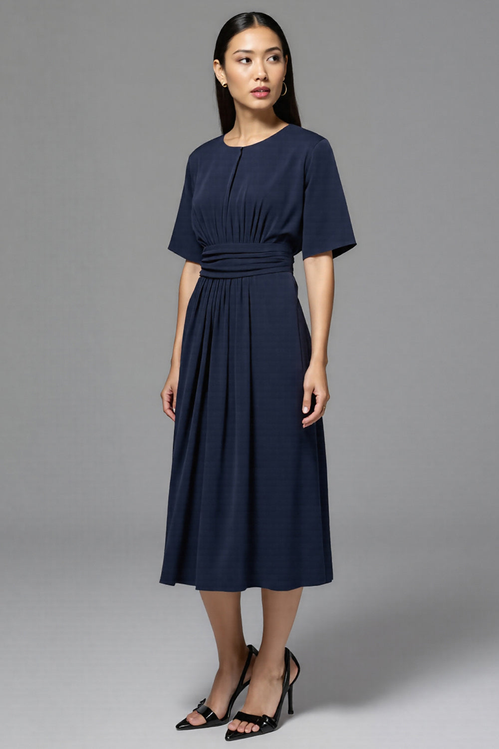 Navy Satin A Line Ruched Midi Work Dress with Sleeves