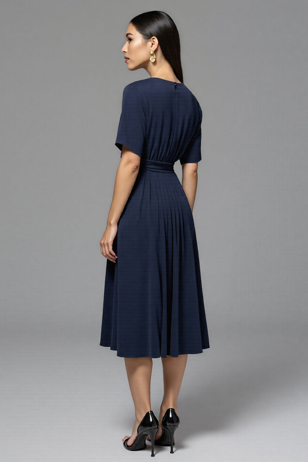 Navy Satin A Line Ruched Midi Work Dress with Sleeves