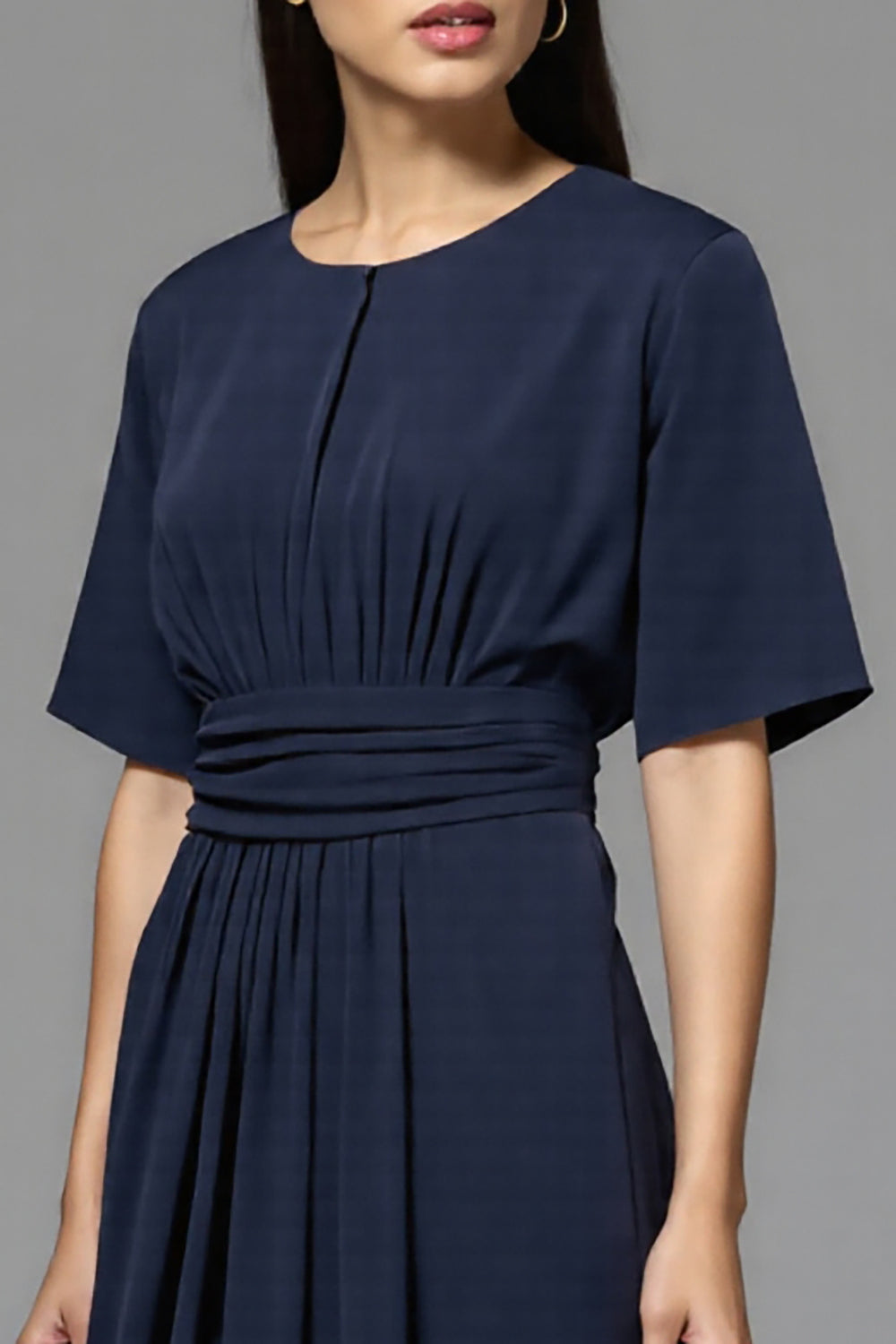 Navy Satin A Line Ruched Midi Work Dress with Sleeves