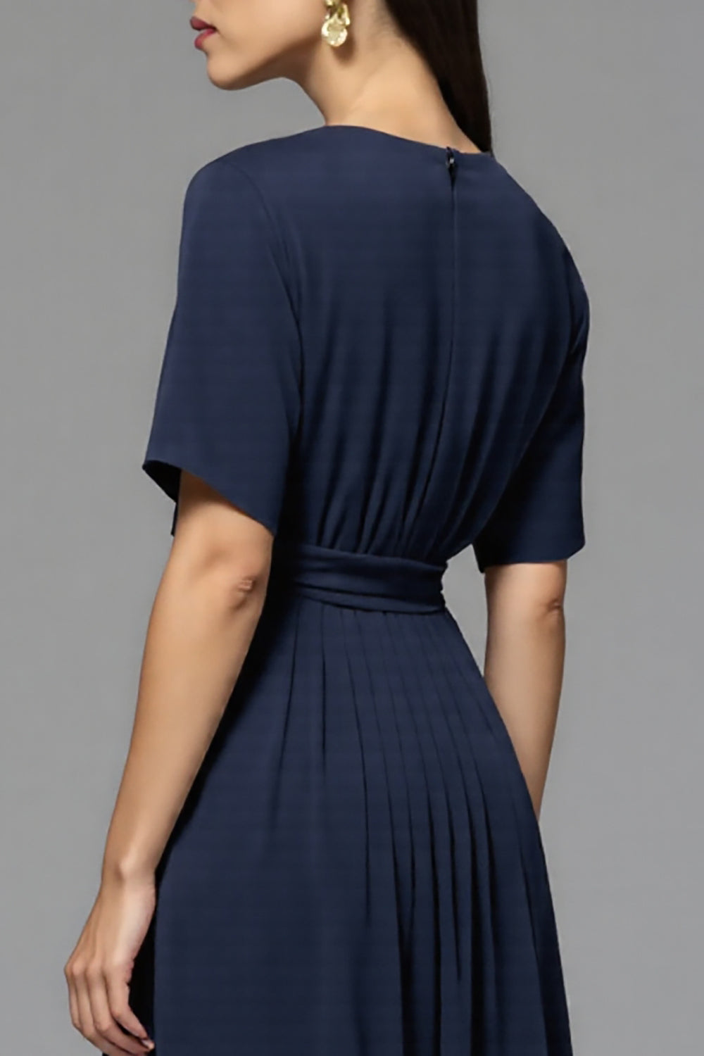 Navy Satin A Line Ruched Midi Work Dress with Sleeves