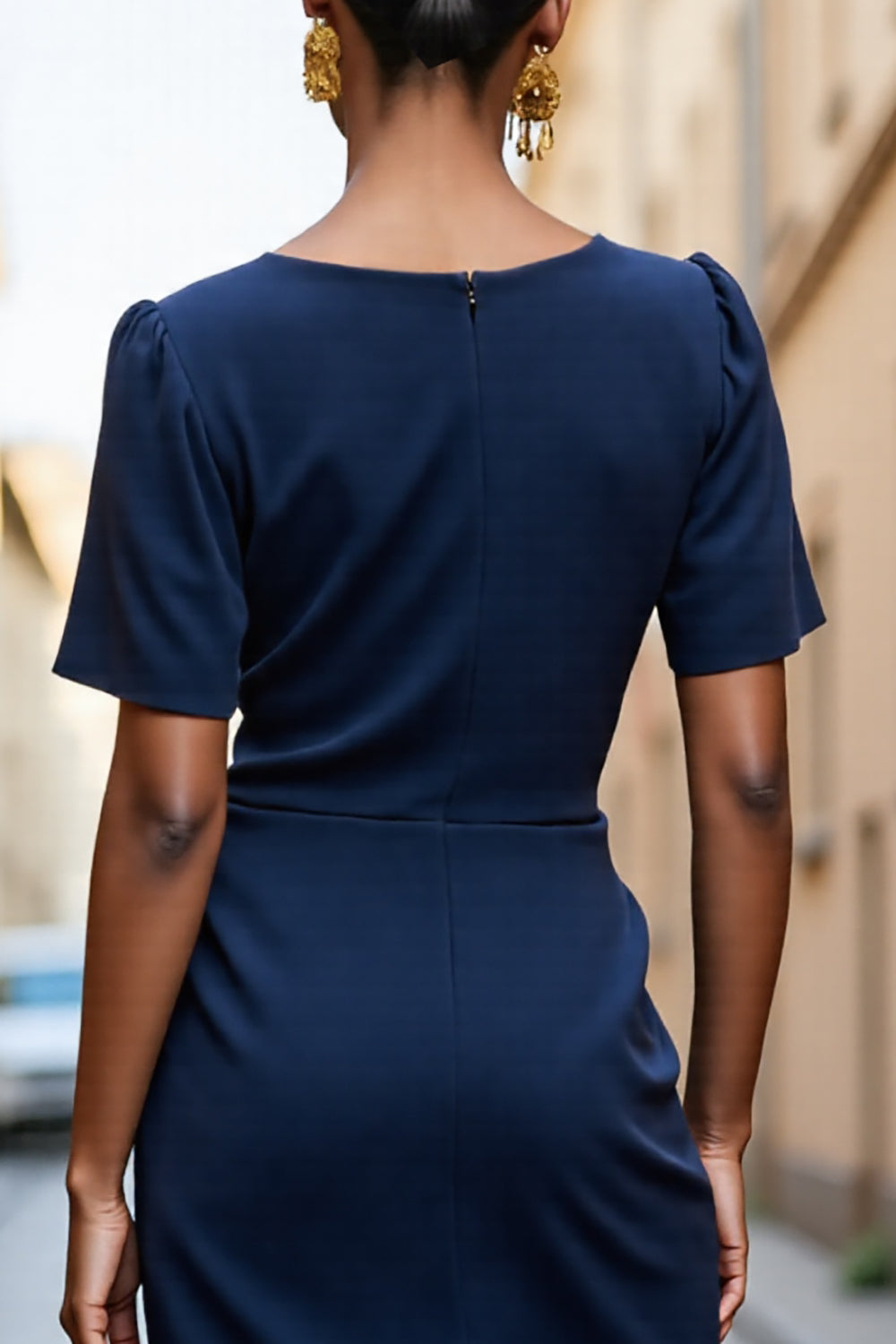 Navy Bodycon Satin Ruched Square Neck Midi Work Dress
