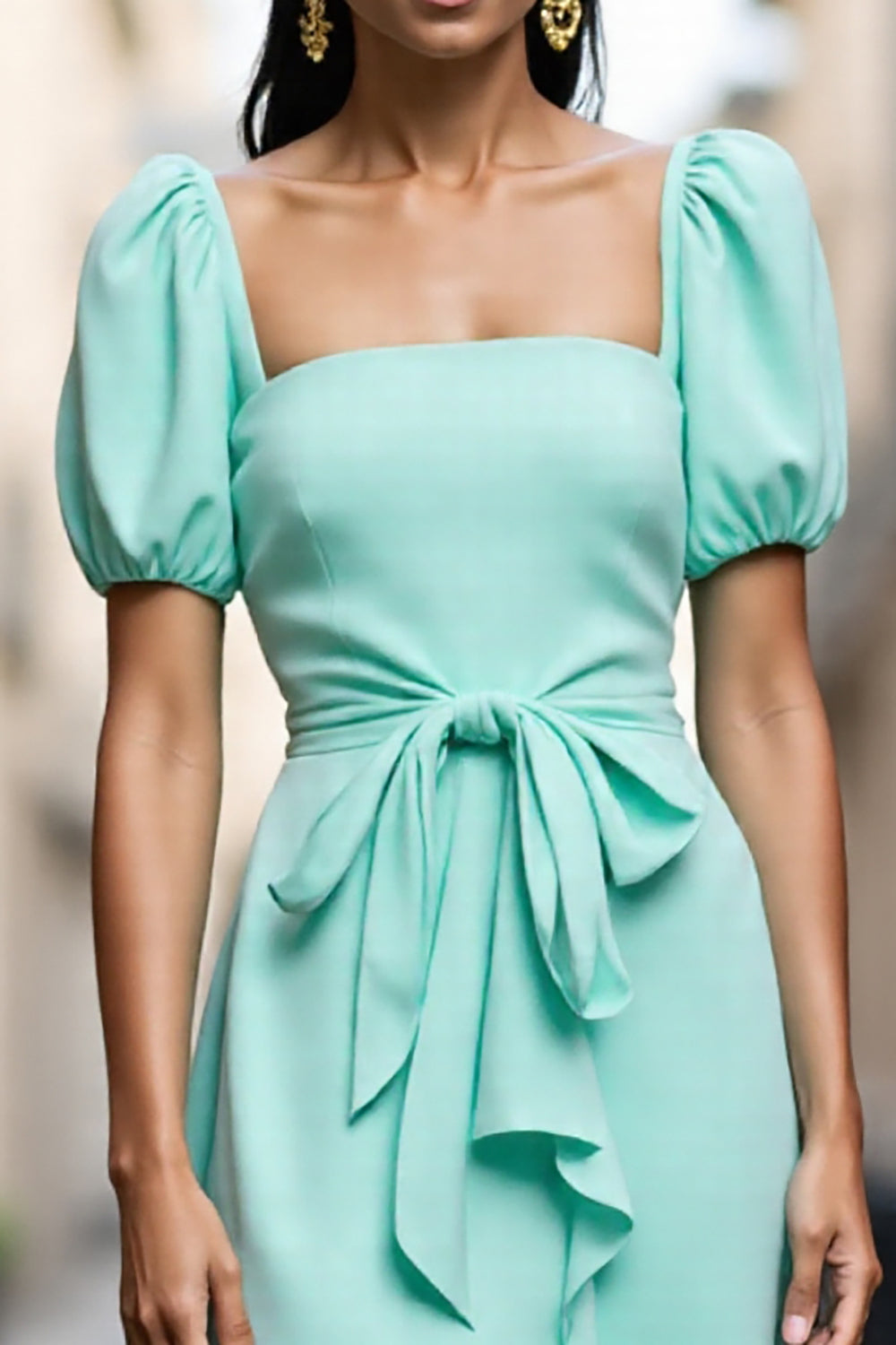 Mint Green A Line Satin Square Neck Midi Work Dress with Ruffles