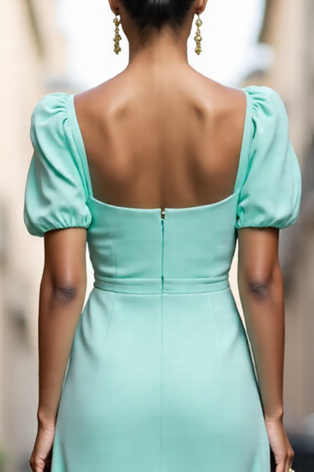 Mint Green A Line Satin Square Neck Midi Work Dress with Ruffles