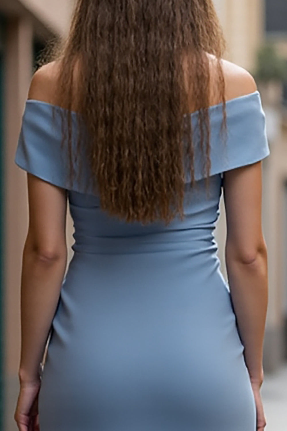Grey Blue Satin A Line Ruched Off the Shoulder Midi Work Dress