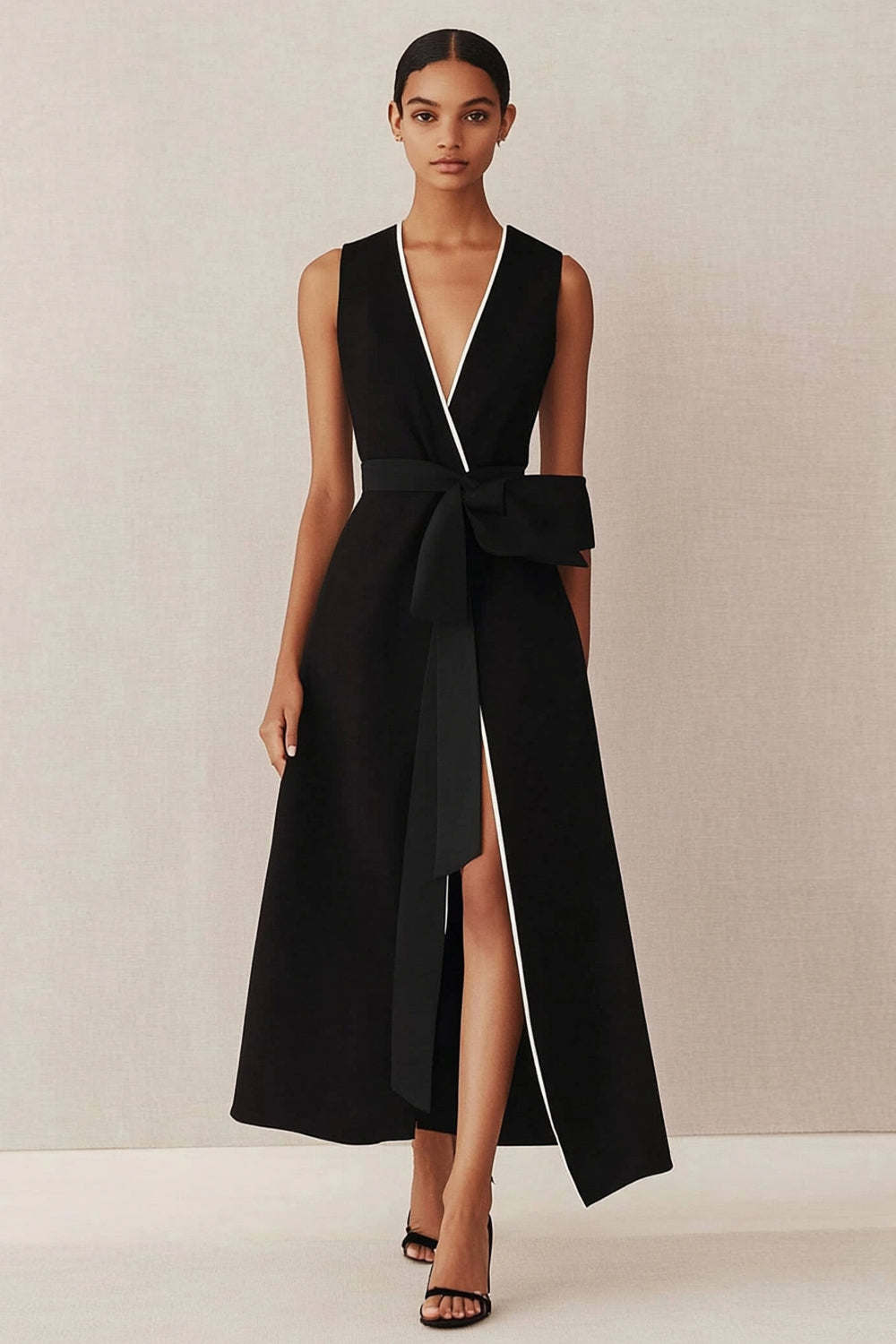Black A Line Satin Deep V Neck Midi Work Dress with Bow