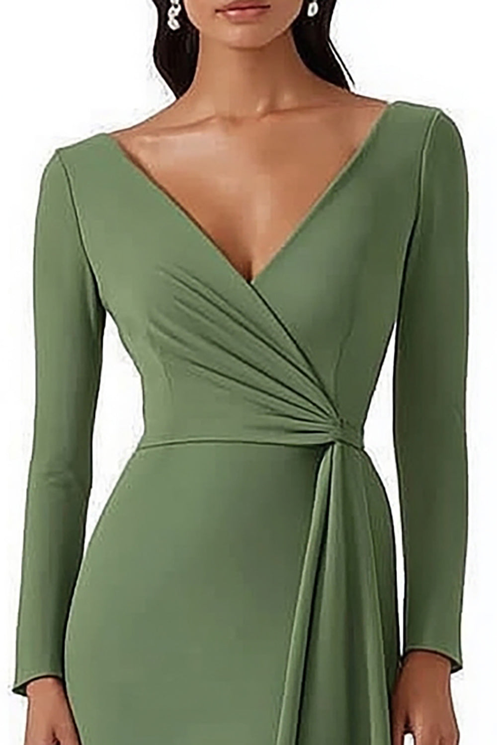 Dusty Sage Bodycon Satin Midi Work Dress with Long Sleeves
