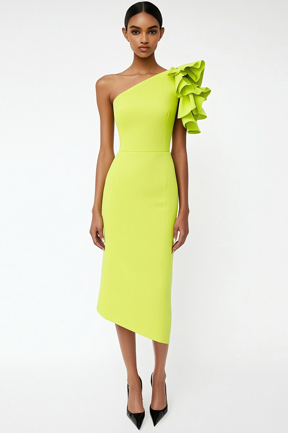 Lemon Yellow Satin Sheath One Shoulder Midi Work Dress with Ruffles