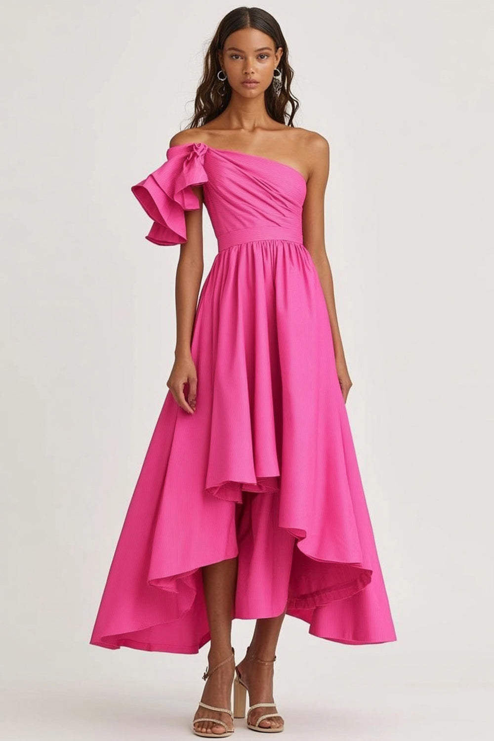 Fuchsia Satin A Line One Shoulder Ruffled Long Wedding Guest Dress