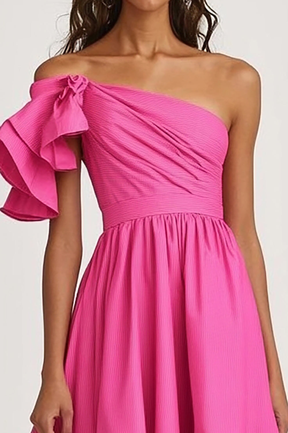 Fuchsia Satin A Line One Shoulder Ruffled Long Wedding Guest Dress