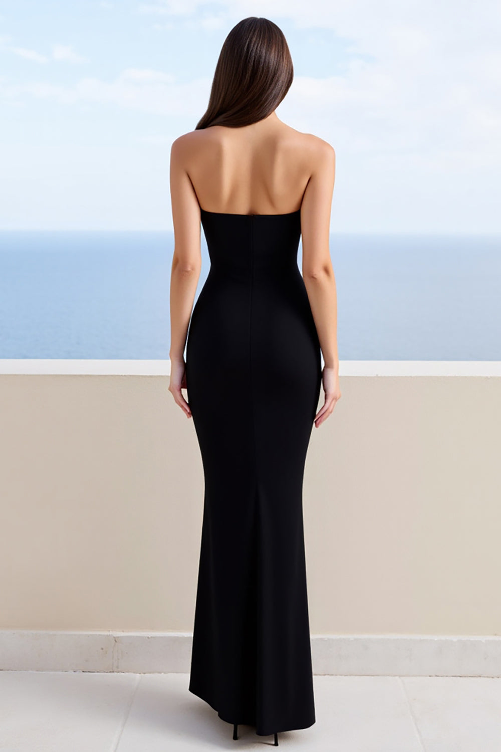 Black Strapless Sheath Satin Long Wedding Guest Dress with Slit