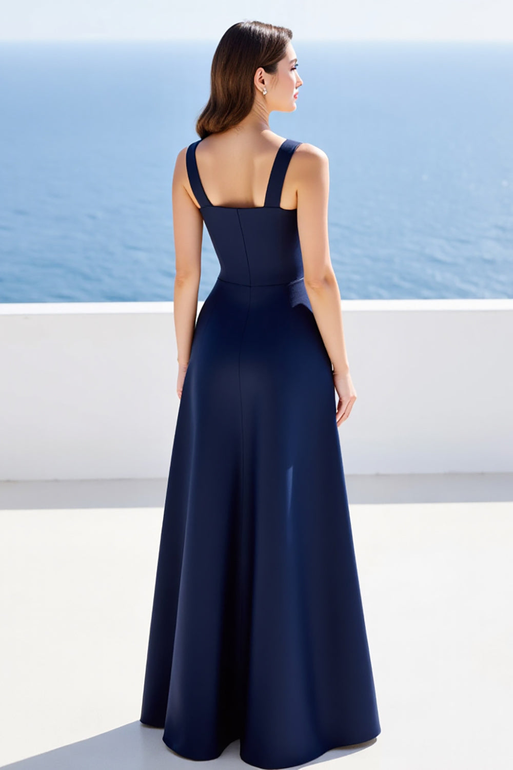 Navy Satin A Line Square Neck Long Wedding Guest Dress with Slit