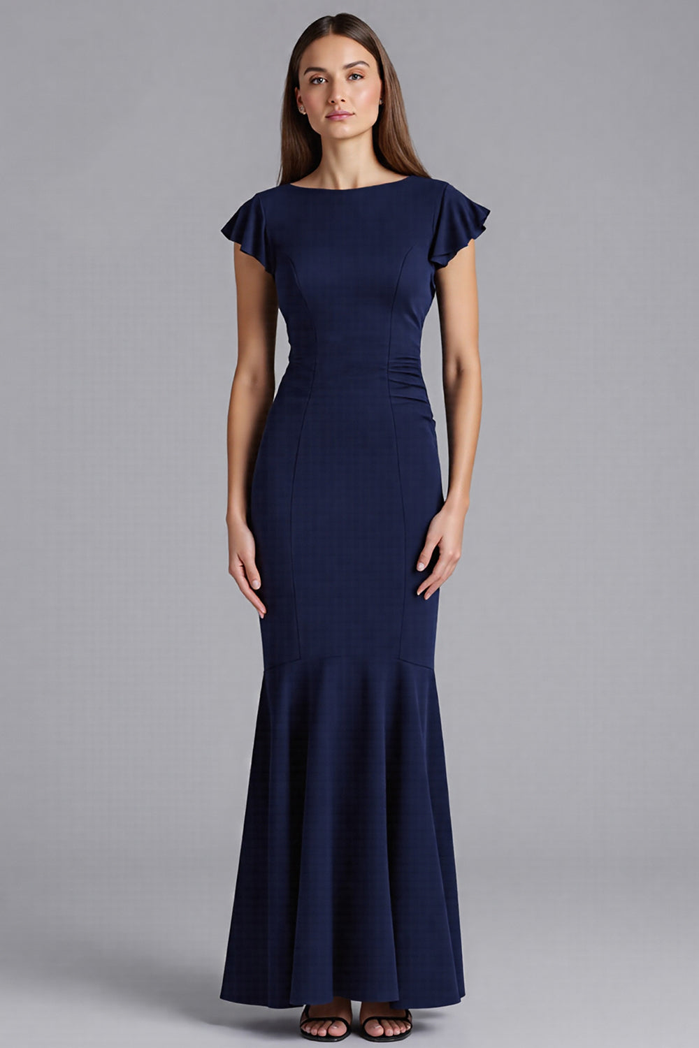 Navy Sheath Ruffled Satin Long Wedding Guest Dress with Sleeves