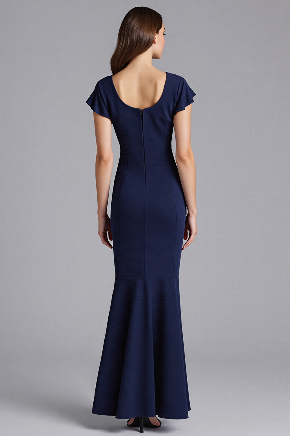 Navy Sheath Ruffled Satin Long Wedding Guest Dress with Sleeves