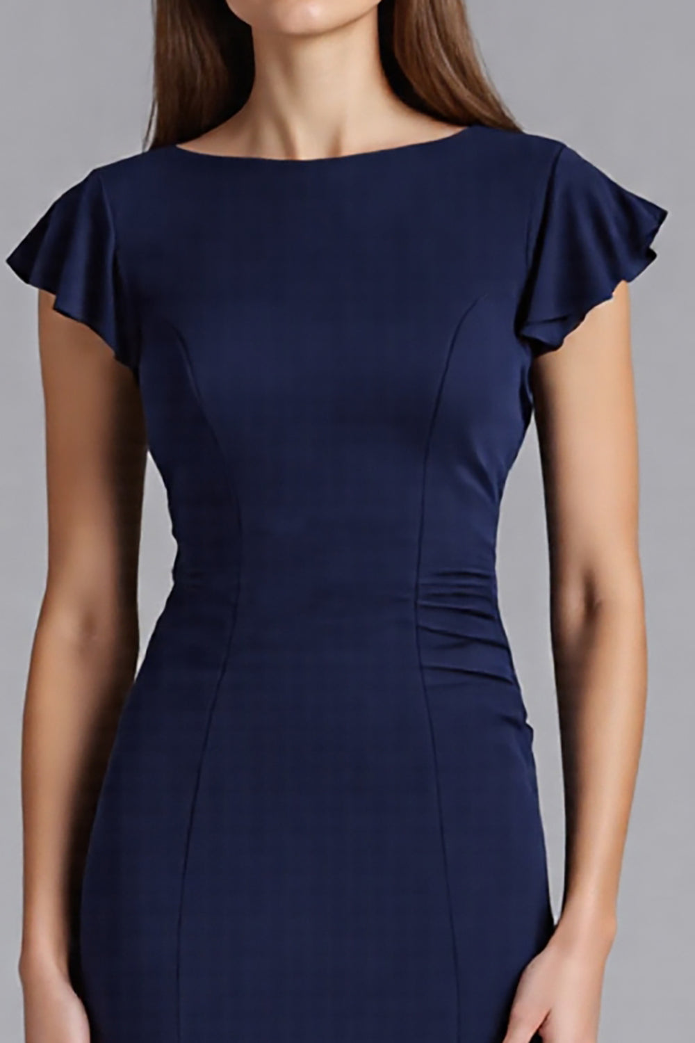 Navy Sheath Ruffled Satin Long Wedding Guest Dress with Sleeves