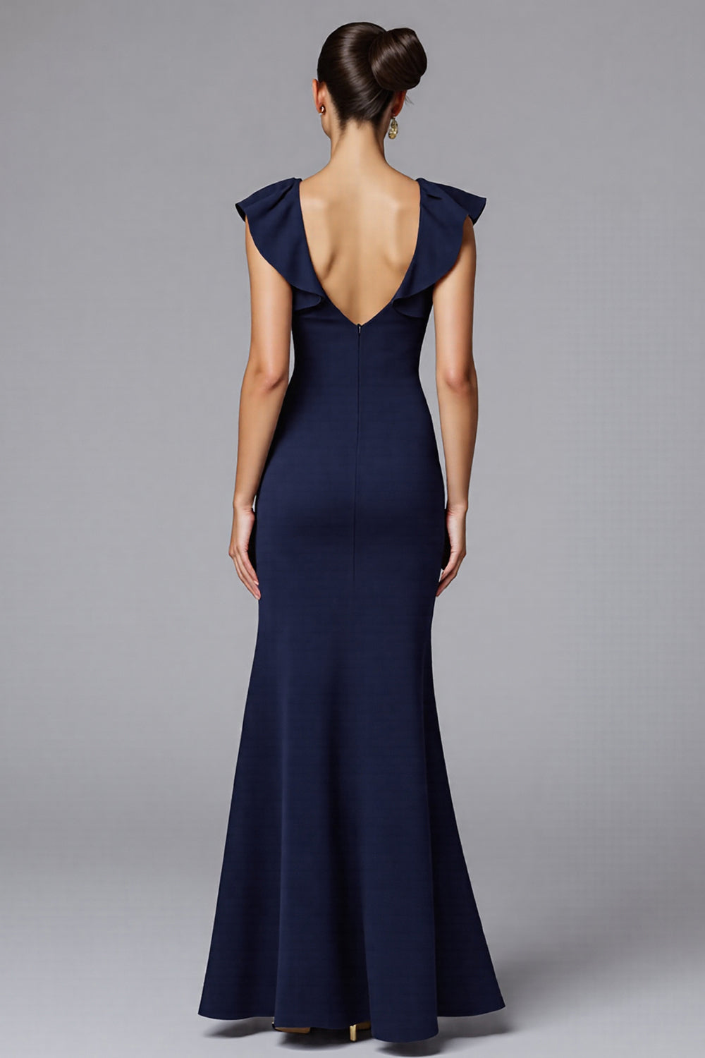 Elegant Navy Sheath Satin Long Wedding Guest Dress with Ruffles