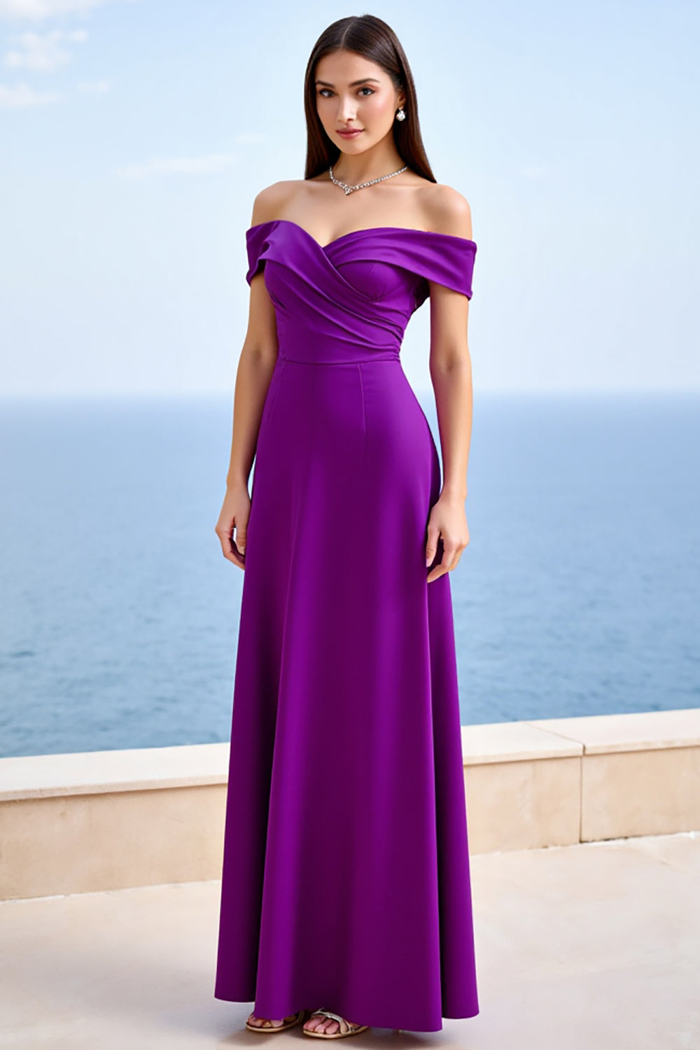 Plum Off the Shoulder Satin Sheath Ruched Long Wedding Guest Dress