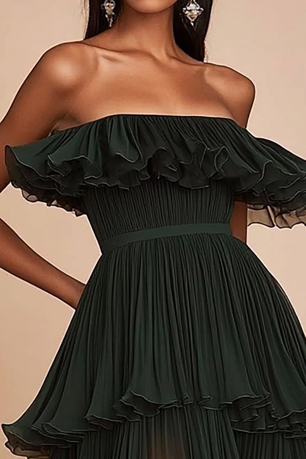 Dark Green A Line Strapless Tiered Long Wedding Guest Dress