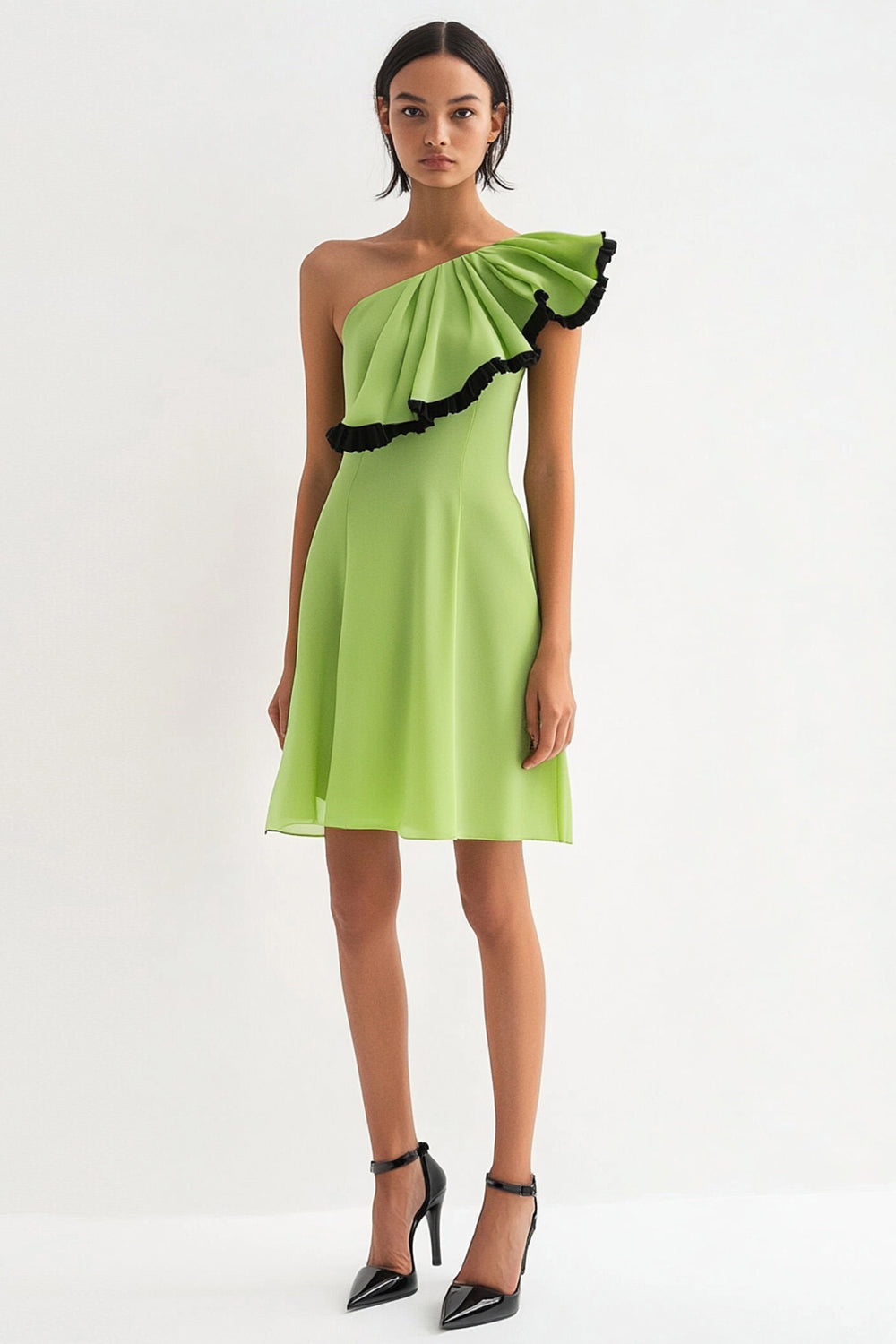 Lemon Green Chiffon A Line One Shoulder Short Work Dress with Ruffles