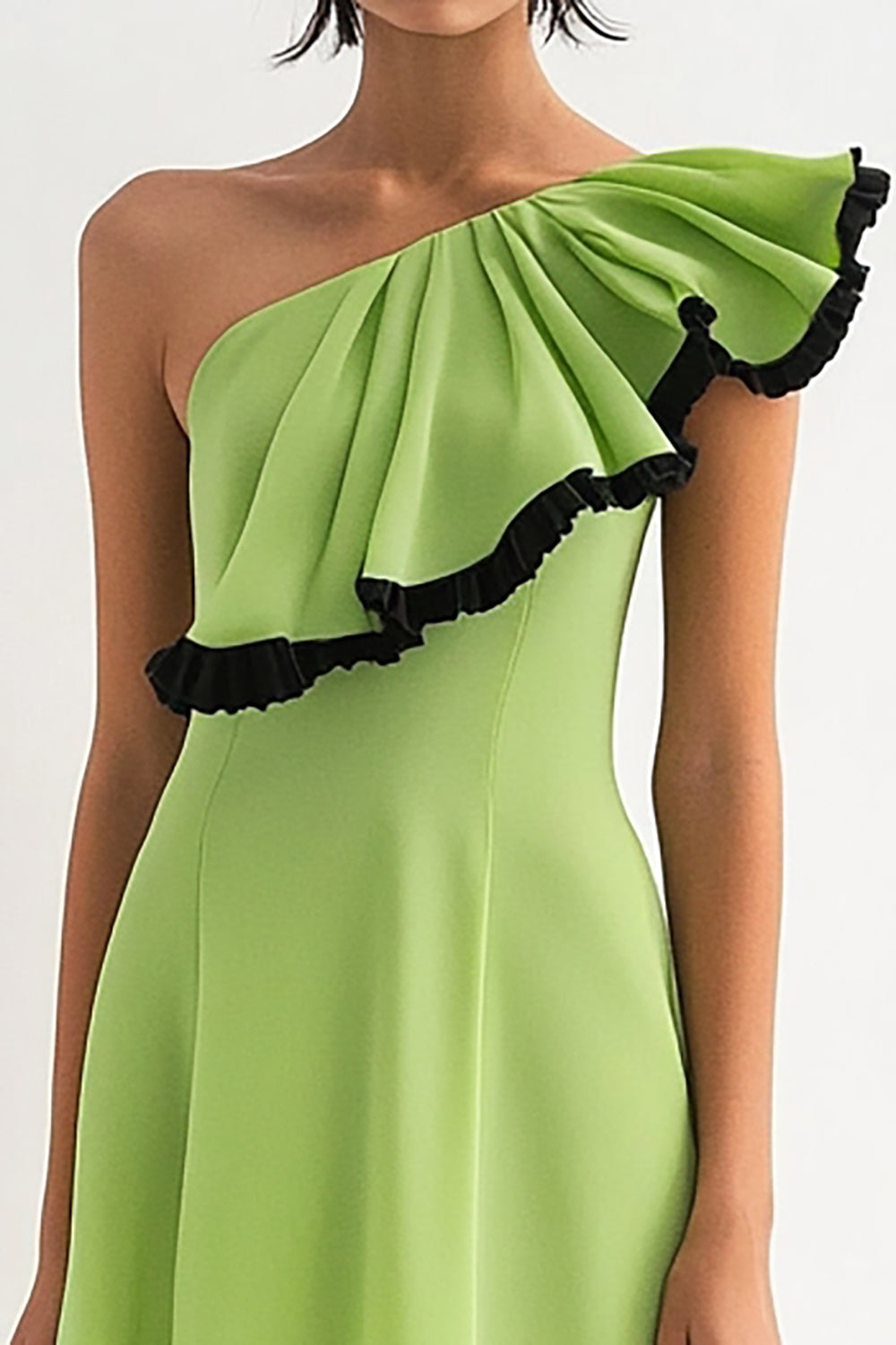 Lemon Green Chiffon A Line One Shoulder Short Work Dress with Ruffles