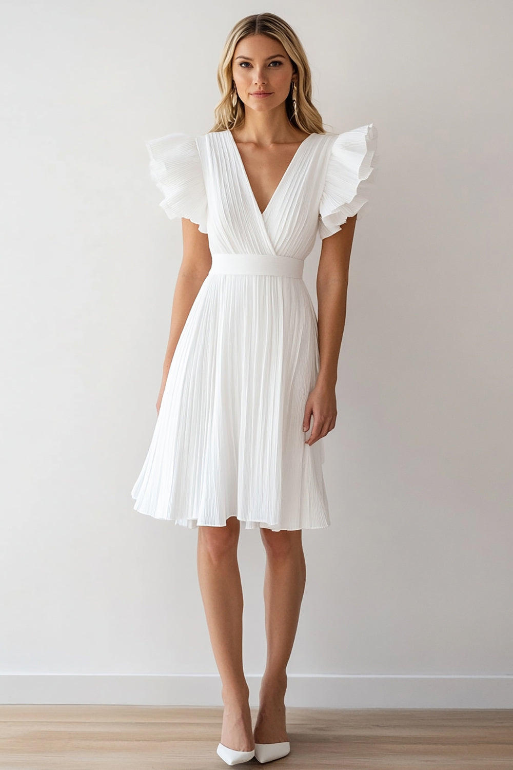 Ivory Chiffon A Line V-Neck Short Work Dress with Ruffles