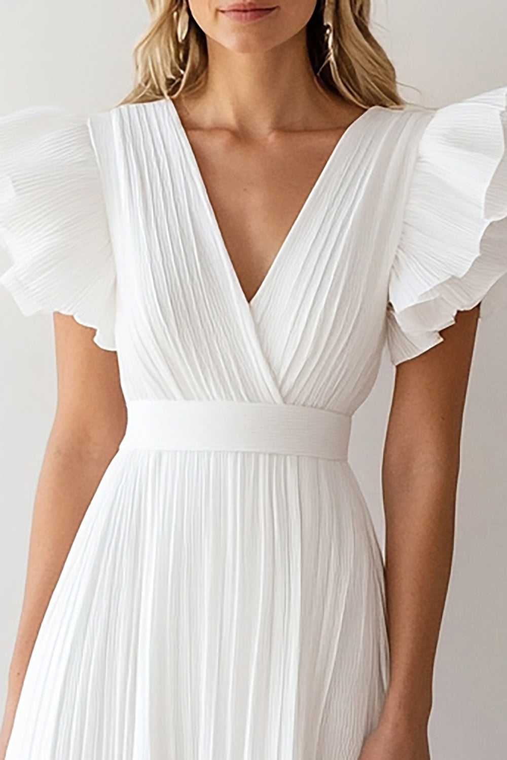 Ivory Chiffon A Line V-Neck Short Work Dress with Ruffles