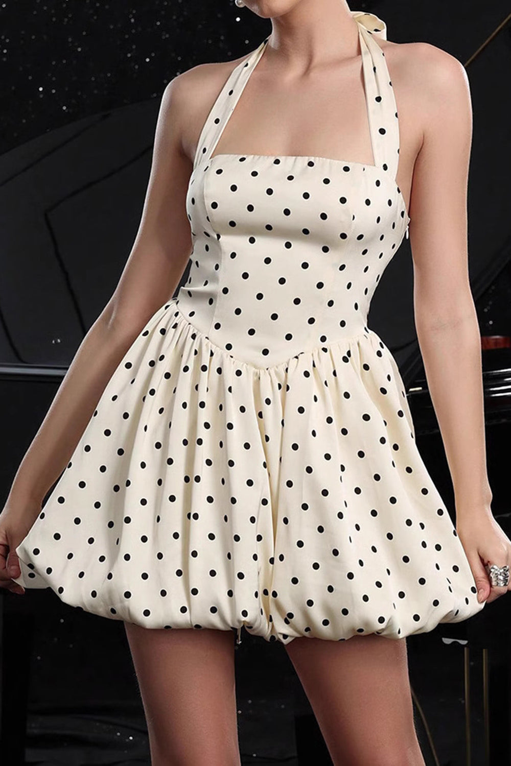 Black and White Polka Dots A Line Vintage Halter Short Homecoming Dress