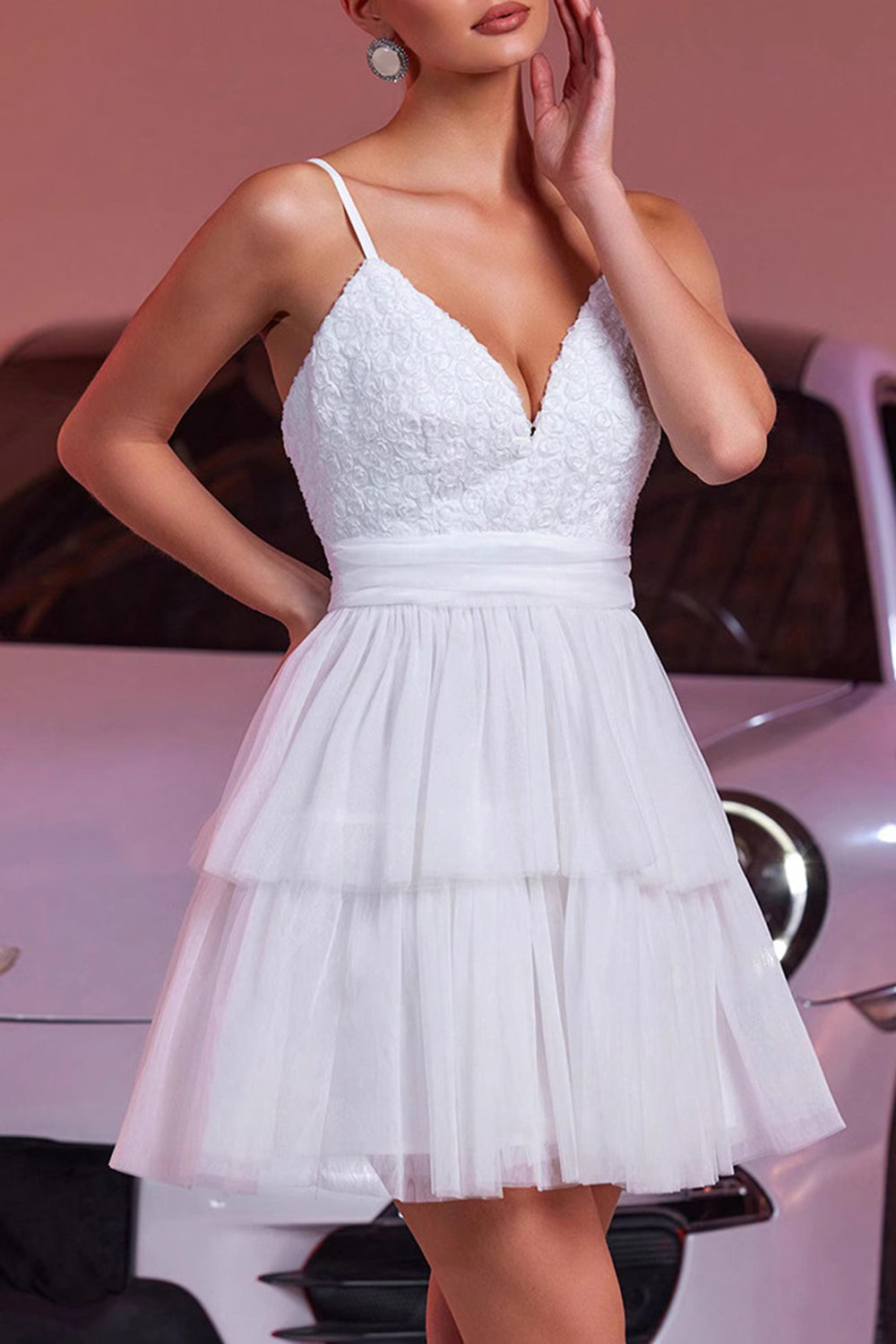 White Tulle A Line Short Tiered Homecoming Dress with Ruffles