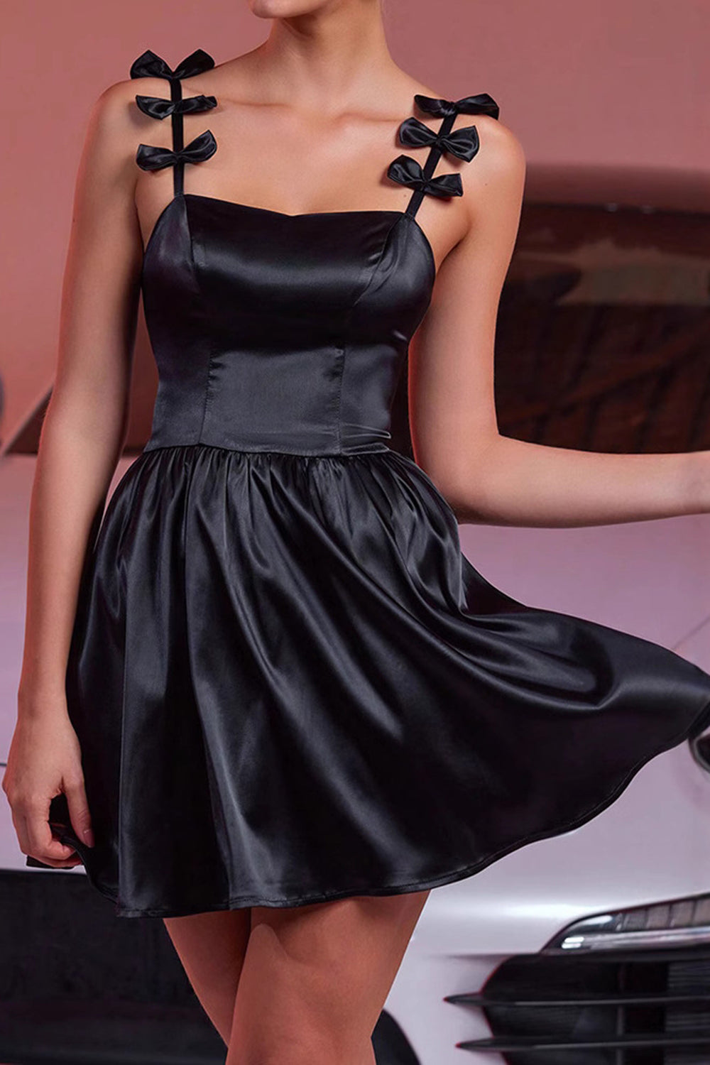 Black A Line Short Satin Homecoming Dress with Bows
