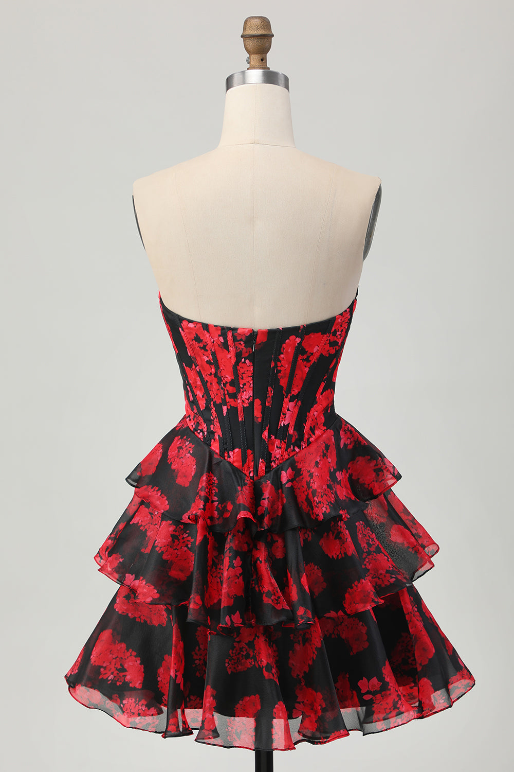 Floral Black and Red Sweetheart Short Corset Homecoming Dress with Ruffles