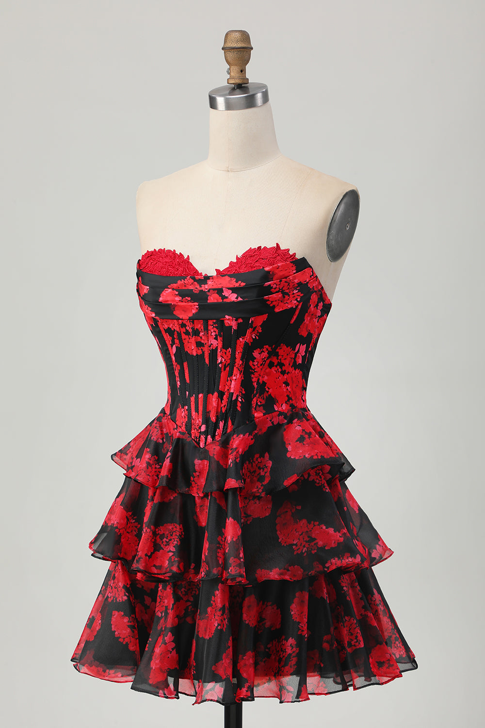 Floral Black and Red Sweetheart Short Corset Homecoming Dress with Ruffles